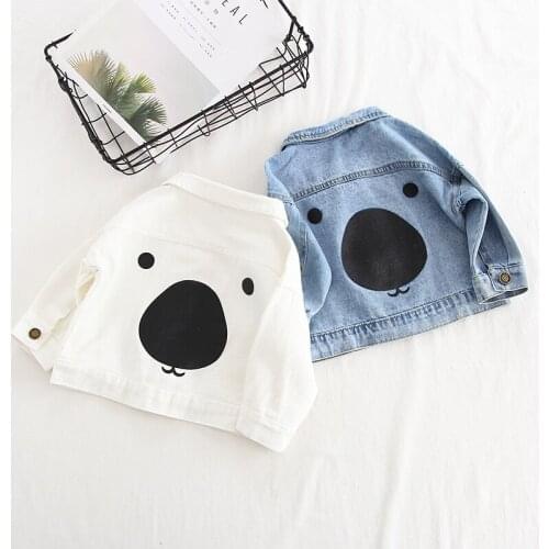 Boys girls denim jacket 1-5 years old 80-120 cm height cotton Cartoon print bear metal buckle wash unisex outwear spring autumn