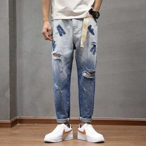 Spring summer loose jeans men letter hole thin washed distressed trousers embroidery male clothes tide streetwear four seasons
