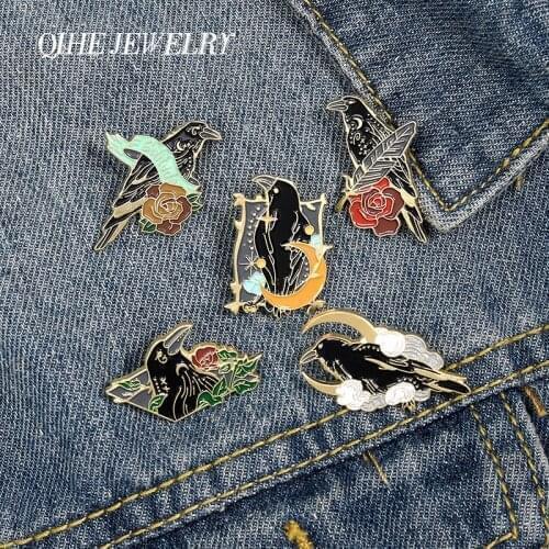 Crow Enamel pin Lapel Pin bird on the Moon Flower Leaf Cloud Moon Phase Brooches Gothic Darkness Jewelry