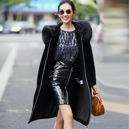 Real Sheep Shearing Coat Female Natural Wool Jackets For Women Winter Warm Slim Coats Fox Fur Collar Hood WYQ937