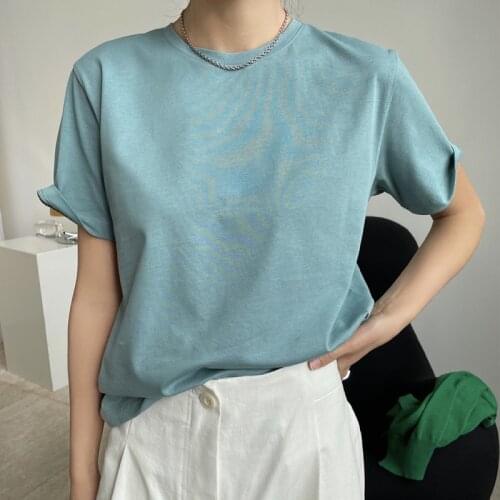 Summer womens casual solid color round neck short-sleeved loose T-shirt