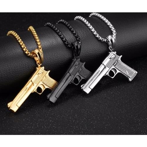 Punk Hip Hop Gun Pendant Necklace For Men Stainless Steel Long Chain Gold Black Color Gun Pendant Necklace Men Jewelry