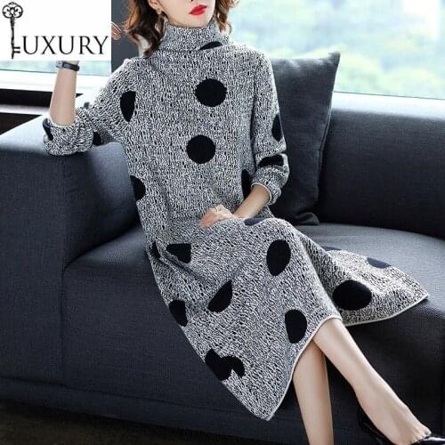 Autumn Turtleneck Sweater 2020 Winter Warm Women Polka Dot Patterns Knitting Sleeve Casual Long Pullover Dress