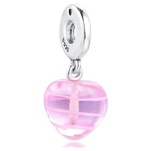 Genuine 925 Sterling Silver Murano Glass Beads for Jewelry Making Pink Ribbon Heart Dangle Charm Fits Pandora Bracelet kralen