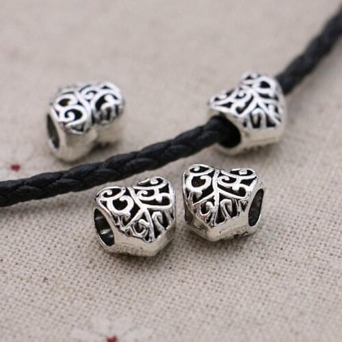 Tibetan Silver Plated Hollow Heart Spacer Beads for Jewelry Making European Charm Bracelet Necklace DIY Craft Findings 10pcs/lot