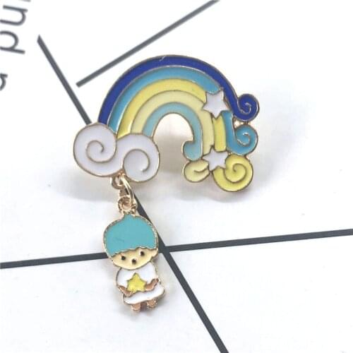 Rainbow clouds boy holding stars cute cartoon brooches blue yellow pins gift for woman children enamel
