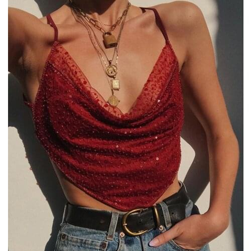 Hirigin Chic Fashion Sequined Mesh Halter Crop Tops for Women Club Party Rave Festival Sexy Straps Top Cropped 2021 Summer