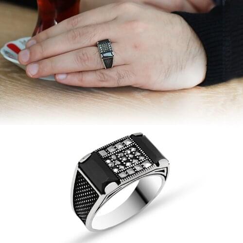 Tesbihane Dot Embroidered Black Zircon Stone 925 Sterling Silver Men 'S Ring