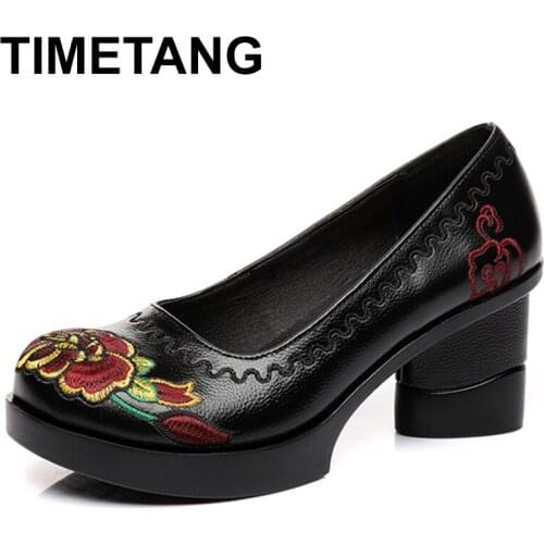 TIMETANG Spring Women Pumps Retro Embroider Lady 7.5CM High Heels Slip On Platform Hand Pumps Women Genuine Leather Shoes
