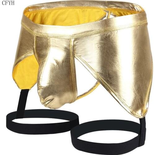 Gay Men Panties Leather T-Back Sexy Lingerie Enhance Pouch Erotic G-string Underpants Thong Jocks Garters