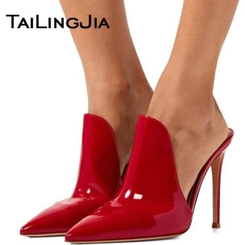 Women Mules Heels Pumps Pointed Toe Stiletto High Heels Patent Leather Elegant Party Shoes Large Size Hotsale 2019 New Arrival