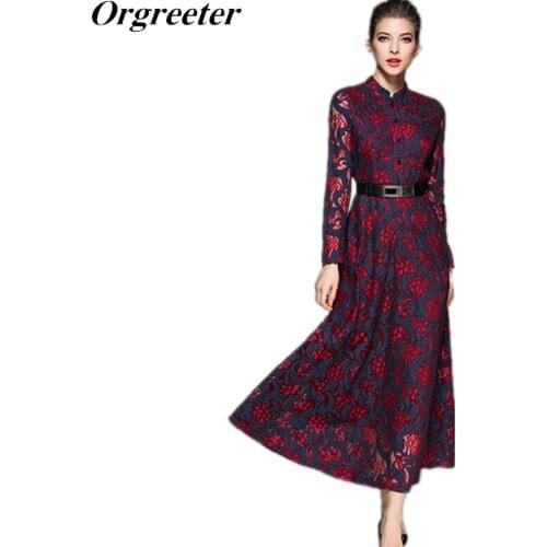 Orgreeter 2021 Women Dress Hollow Out Floral Print Runway Dresses Autumn Embroidery One-piece Cute Girls Lace Party Dress