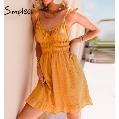Simplee Holiday smocking mini dress summer Solid spaghetti straps bow women dresses Ruffled backless lady dress sexy fashion new
