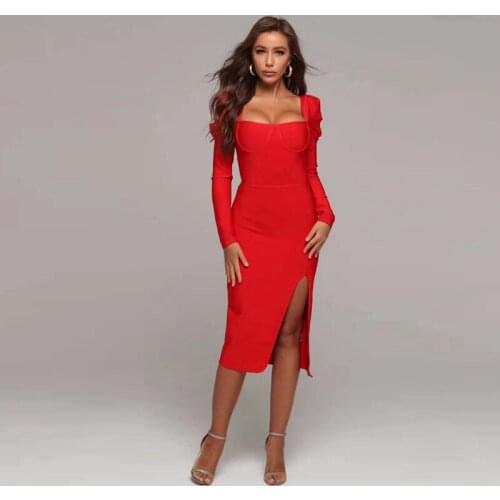 Women Sexy Summer Long Sleeve Red Split Bandage Dress Sheath Solid Club Wear Runway Party Celebrity Wedding Good Quality 2021
