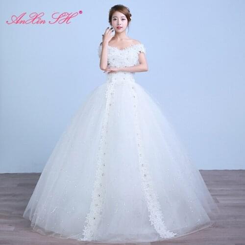 AXJFU New bride princess red lace wedding dress vintage boat neck flower beading crystal white lace wedding dress