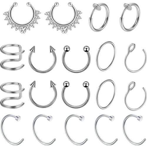 19Pcs/Set Fake Septum Piercing Nose Ring Hoop Nose Faux Piercing Rings Body Jewelry Non-Pierced Lips Ring Ear Clip Combination