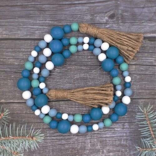2 Pack Rustic Farmhouse Wooden Bead Garland with Tassel for Natural Country Home Decor Tiered Trays Decor, 55in Length
