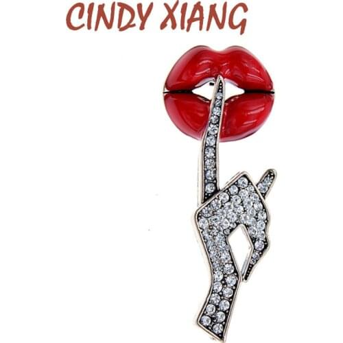 CINDY XIANG Be Quiet Gesture Brooch Rhinestone Hand Red Lip Pin Fashion New Design Jewelry Women And Men Suit Accessories Gift