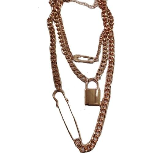 2020 New Ins Rose Gold Chunky Chain Triple Layers Lock Key Safety Pin Pendant Choker Necklace Korean Fashion Chic Party Jewelry