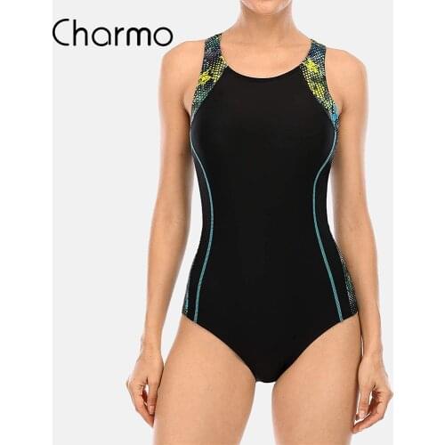 Charmo Women Boyleg One Piece Swimsuit Sport Swimming Costume Modest Swimwear Color Block Swimsuit