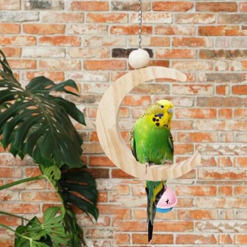 Bird Toys Parrot Standing Toy Parrot Moon-shaped Swing Wooden Toys Swing String Pet Birds Blocks Molar Bell Toy Parrot Supplies