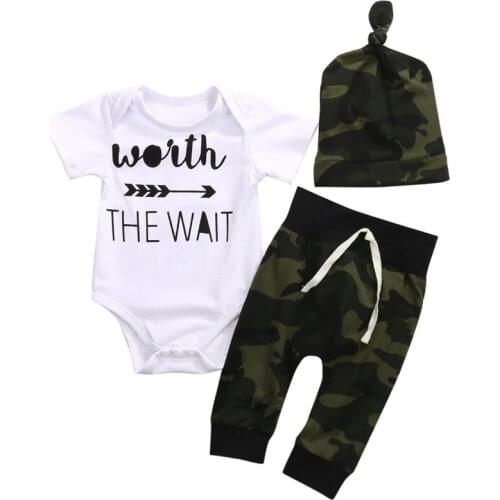 Brand New Toddler Newborn Baby Boy Short Sleeve Romper Shirt Tops+Camouflage Pants+Headband Outfits 3Pcs Set Clothes