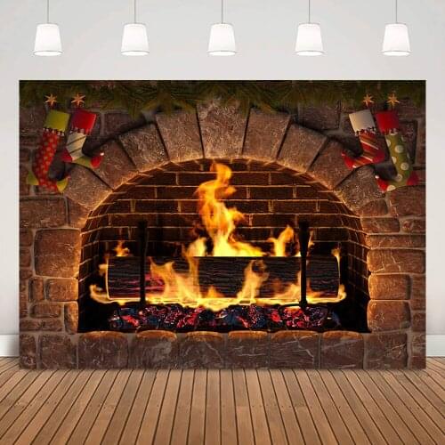 Fireplace Christmas Background Decorations Socks Winter Brick Fireplace Portrait Backdrop for Family X-mas Party Video Props