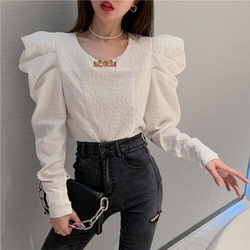Puff Sleeve T Shirt Women Vintage Spring Autumn White Black tshirt Tops Elegant t shirt femme camiseta mujer