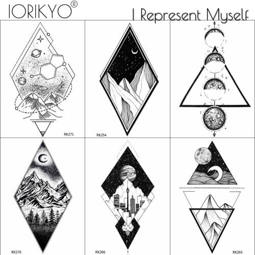 Geometrical Black Moon Temporary Tattoo Stickers Women Arm Art Geometric Mountain Fake Tattoo Triangle Stars Waterproof Tattoos