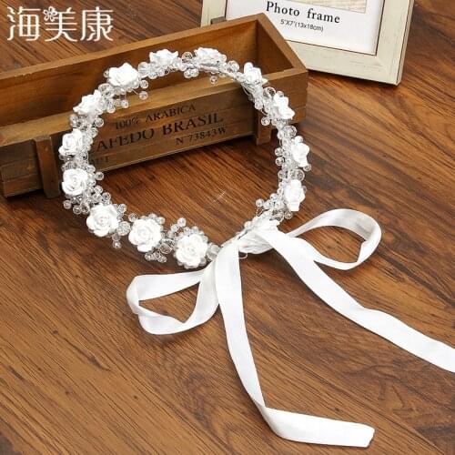Haimeikang Crystal White Wedding Hair Accessories Bridal Headpieces Princess Crown Festival Ribbon Adjustable Girl Flower Crown