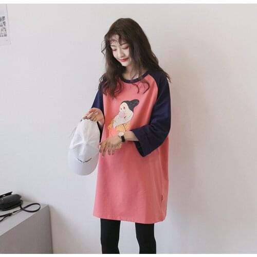 Maternity Cotton Patchwork Dresses Cartoon 9-point Sleeve Dress Pregnancy Long TShirt Loose Dress Fashion Pregnant Women Clothes