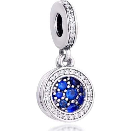 Fits Pandora Bracelet 925 Sterling Silver Sparkling Blue Disc Double Dangle Charms S925 Metal Beads for Jewelry Making 2020 New