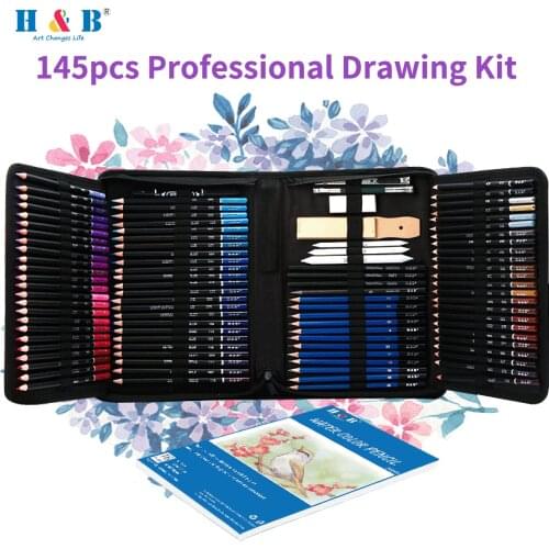 H&B 145-Piece Professional Oil Colored Pencils and Sketch Set Charcoal Graphite Pencil Eraser Extender Draw Paper Carrying Bag