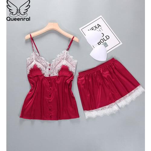Queenral Pajama Sets Sexy Lingerie Pyjama Femme Summer Womens Sleep Lounge Silk Satin Sleepwear With Chest Pad Nightwear