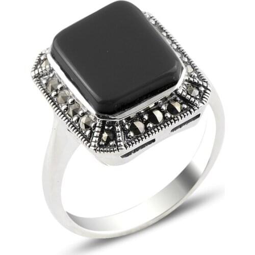 Silver 925 Sterling Onyx & Marcasite Ring