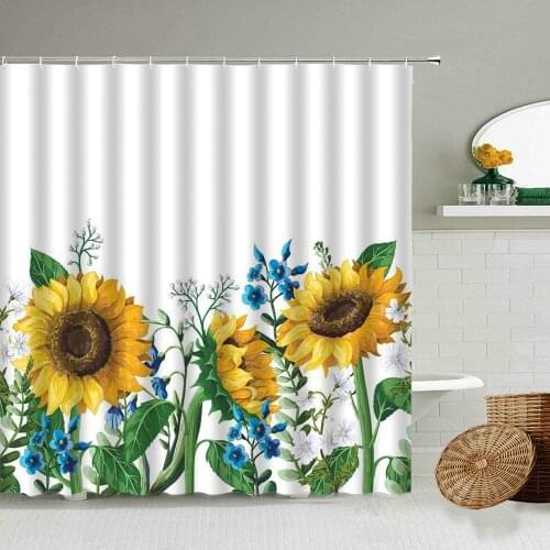Sunflower Flower Shower Curtain Summer Plant Floral Modern Creative Design Bathroom Wall Decor With Hook Hanging Screen Washable
