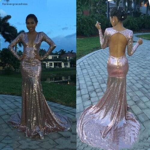 High Quality Deep V Neck Long Sleeves Evening Dresses 2019 New Arrival Rose Pink Sequined Holiday Wear Formal Party Prom Gowns