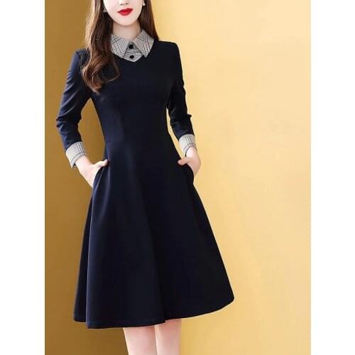 Vintage Woman Dress Knee Length Cotton Office Lady A-Line Plaid Dress Women French Spring Autumn Vestidos