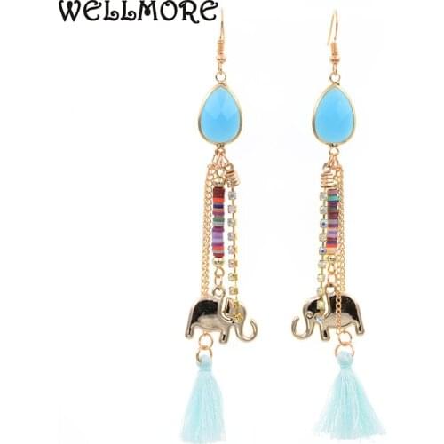 WELLMORE new fashion glass ,elephants, chain, trendy tassel earrings long earrings for women jewelry wholesale