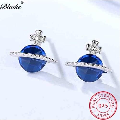 Blaike Real 925 Sterling Silver Planet Stud Earrings For Women Blue Ball Studded Earrings Female Zircon Wedding Fine Jewelry CZ