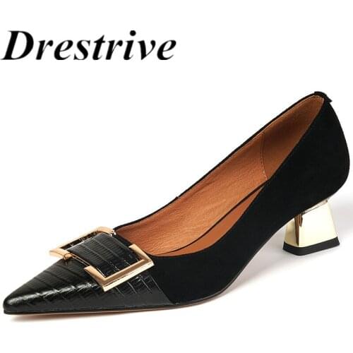 Drestrive Full Genuine Leather Pointed Toe Metal Knot Shallow Women Pumps Thick High Heel Shoes 2021 Autumn Office Cow