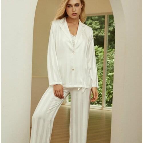 Women Pajamas Set Vest Long Sleeve Pants Sleepwear Suit Thin Stain White Black Striped Homewear Clothes