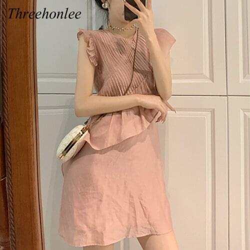 Pink Irregular Women Korean Mini Dress Vintage Sleeveless Summer Dress 2021 Elegant Casual Chic Designer Party Sundresses Lady