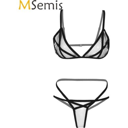 Ladies See-Through Mesh Strappy Lingerie Suit Underwear Sleepwear Wireless Unlined Bras with G-string Briefs Panties for Women