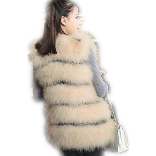 Women real ostrich feather fur vest beige warm stripe Fur Gilet Fall Winter Warm Waistcoat fashion V36
