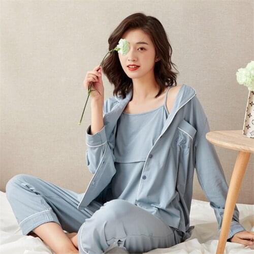 3Pcs Maternity Sleepwear Nursing Set Pregnant Pajamas Postpartum Nightwear Cotton Long Sleeve Coat Vest Pants Maternity Clothing