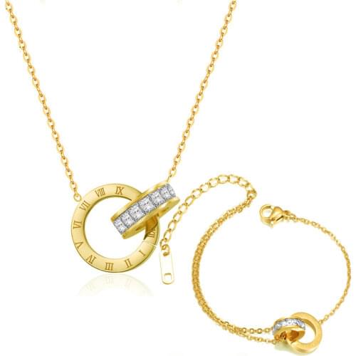 316L Stainless Steel Square Zircon Roman Numerals Bracelet Necklace Set Colorless Wedding Jewelry Set NO fade