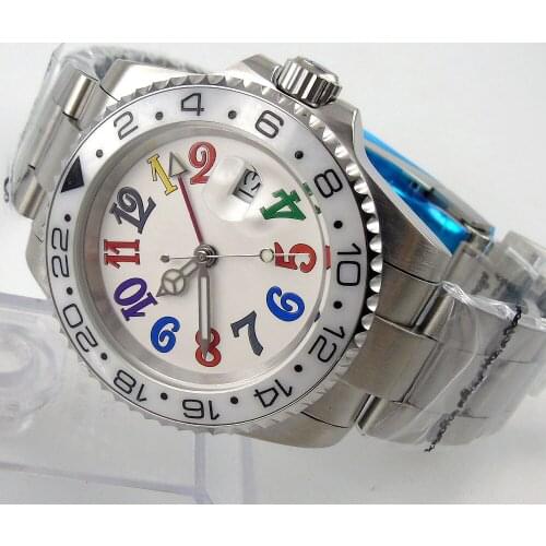 GMT 40mm Automatic Men Watch Ceramic Bezel Brushed Oyster Strap Colorful Dial Sapphire Glass Screwdown Crown