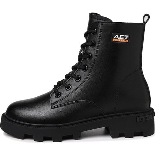 Round Toe Square Heel Martin Boots Lace-Up Pure Color Short Boots Water Platform WomenS Shoes