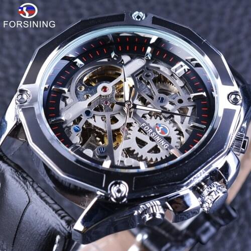 Forsining Mens Mechanical Automatic Watch Fashion Gear Design Waterproof Wrist Watch Genuine Leather Sport Watch Male Clock